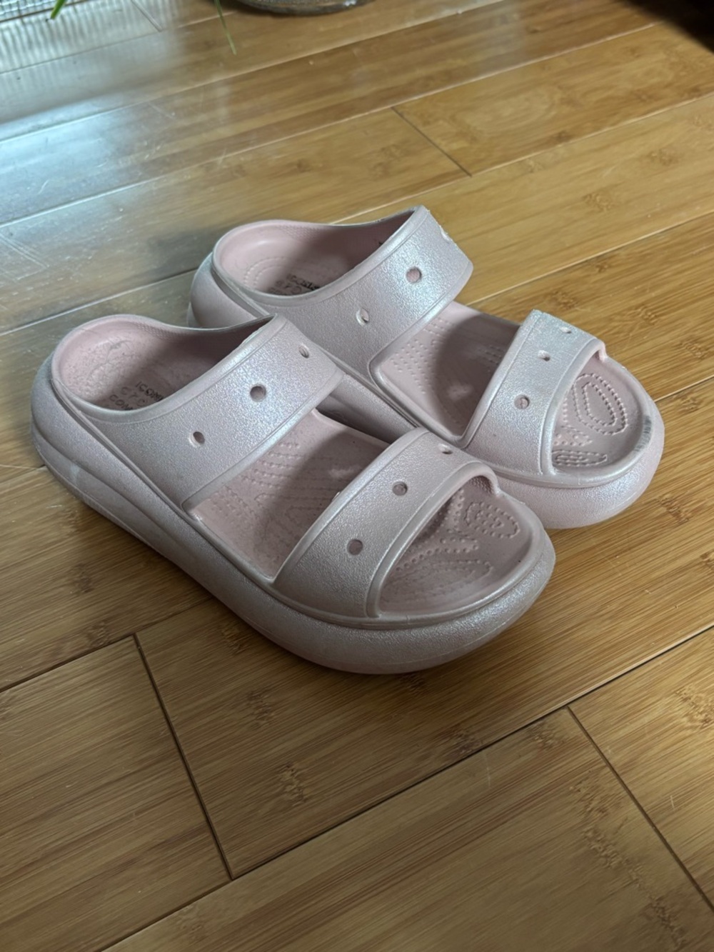 Pink shimmery platform croc slides!